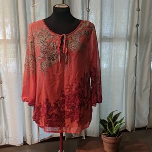 🌊3/$15 Adiva orange salmon sheer floral blouse Medium